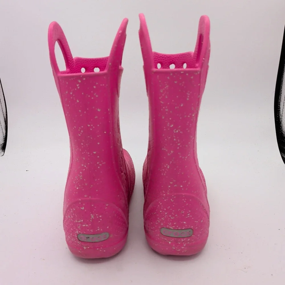 Crocs Kids Handle It Pink Glitter Rain Boots Waterproof Pull On J2 210391